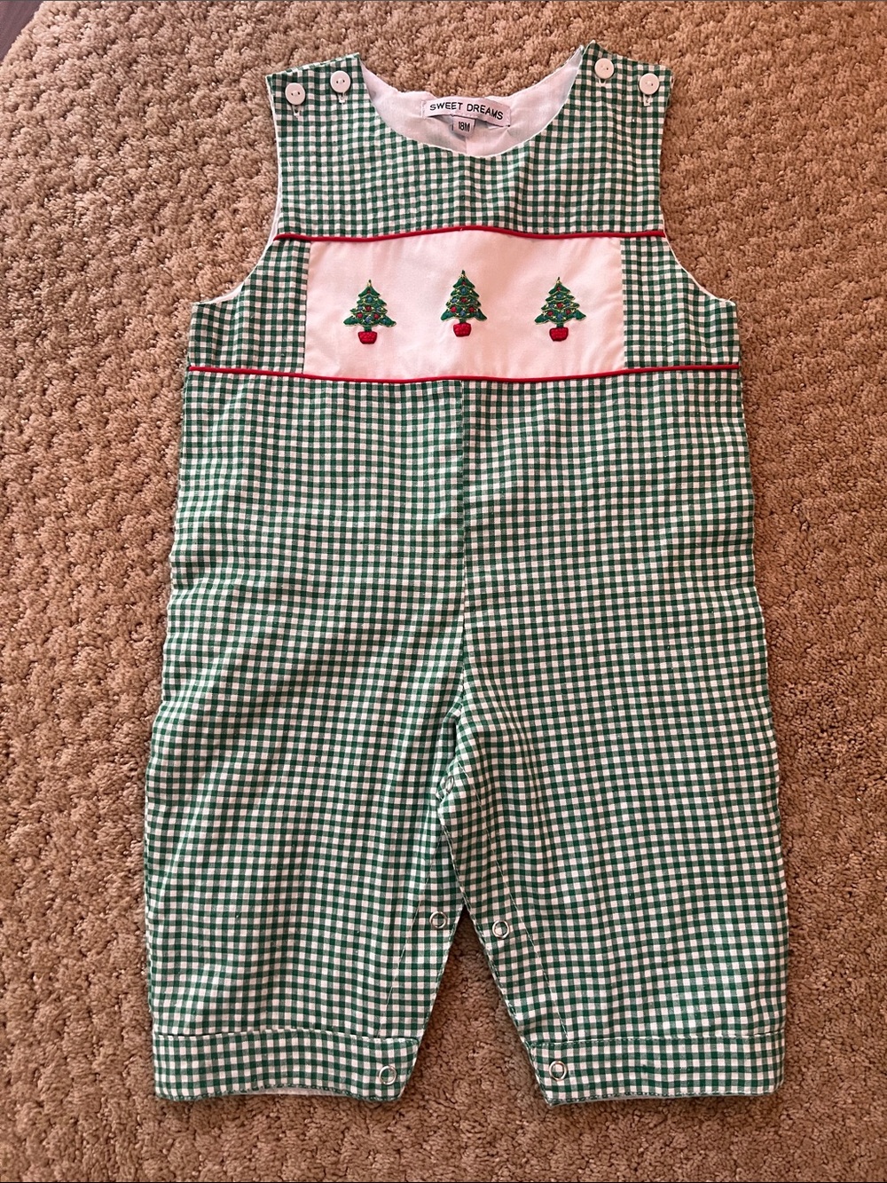 Sweet Dreams Green Gingham Boy Christmas with Tree Romper with Embroidery